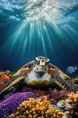 Sea Turtle Swimming Over Colorful Coral Reef with Sunlight Rays