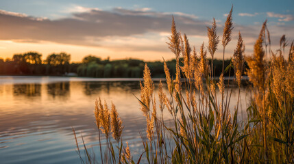 Golden reed plants illuminated by soft sunset light on the calm lakeside with serene water and silhouetted trees under a partly cloudy sky in tranquil evening nature scen