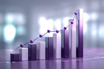 Shiny purple 3d bar chart with connected sphere line graph illustrating business growth and increasing performance trends on reflective surface