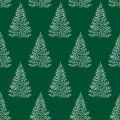 Seamless pattern Christmas trees. Doodle outline sketch. Linear repeating drawing green background. White line fir trees vector illustration. Gift paper, fabric print, cover. New Year design elements.