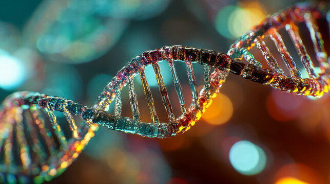 Vibrant 3d illustration of a dna helix structure glowing with multicolored light effects representing the complexity of genetic makeup and molecular biology
