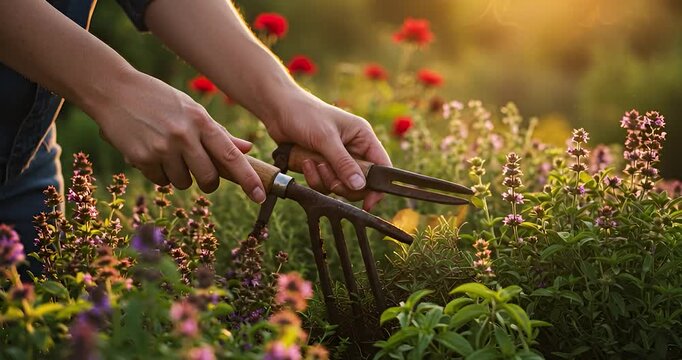 Gardening hands use tools to tend flowers and plants in natural light