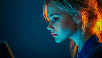 Young woman focused on her device in a dimly lit environment with vibrant blue and orange lighting effects