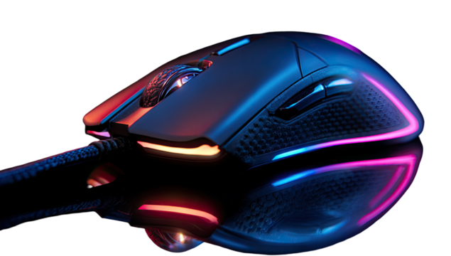 Gaming mouse, vibrant lighting, dark background