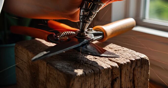 Gardening tool detail with close up of pruning shears and screwdriver