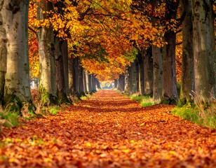 Fototapeta premium Pathway lined with vibrant trees in autumn, covered in fallen leaves