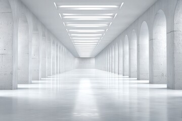 Obraz premium Expansive minimalist corridor illuminated by contemporary lighting showcasing concrete arches and glossy reflective marble floor providing a sense of calm modernity and architectural elegance