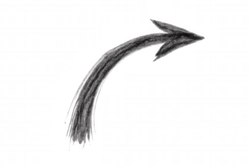 Curved hand drawn charcoal arrow pointing right and up, rough textured pointer symbol element, transparent background