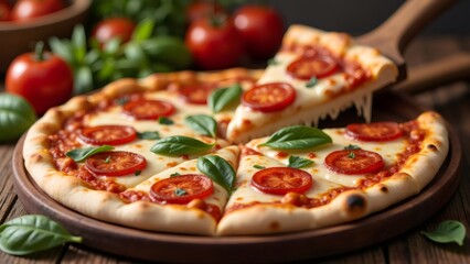Freshly baked Margherita pizza with tomato and basil on wooden plate.
