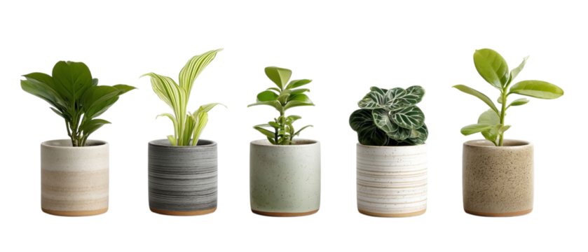 PNG of A collection of vibrant indoor plants in stylish ceramic pots, showcasing various shapes and hues.