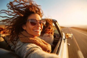 Two happy women enjoying a road trip in a convertible car at sunset. The woman in the foreground smiles brightly, her hair flowing in the wind as the warm golden light enhances the joyful atmosphere.