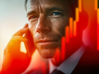 Thoughtful businessman with beard talking on phone amid colorful financial chart overlay symbolizing market analysis and economic insight at sunset time