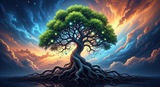 Enchanted Tree of Life Under a Celestial Sky