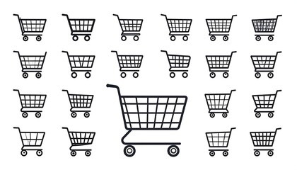 Group of assorted, stylized shopping cart icons in various styles