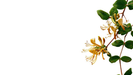 PNG of Delicate honeysuckle flowers with green leaves against a dark background.