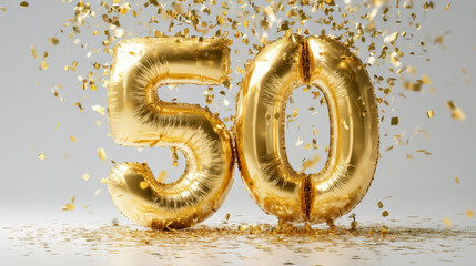 Shiny gold number 50 balloons surrounded by falling golden confetti on a light background symbolizing a festive celebration or milestone event