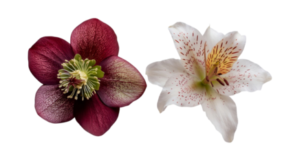 PNG of A vibrant burgundy flower paired with a delicate white flower featuring red speckles, showcasing nature's beauty.