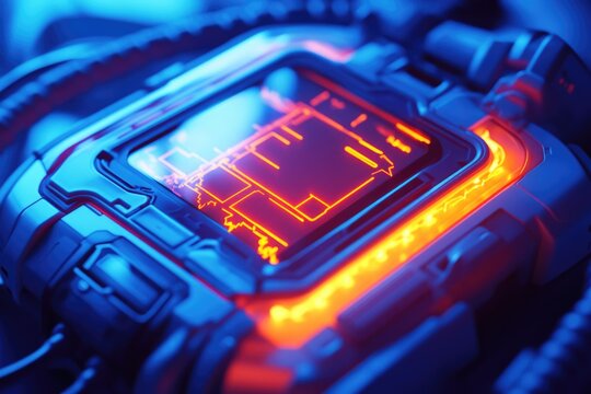 Advanced technological interface: glowing orange circuits on a blue device, symbolizing complex data flow and cutting-edge digital processing.