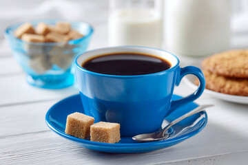 A blue cup filled with hot black coffee on a matching saucer with brown sugar cubes and a small spoon near a bowl of sugar cubes and plate of cookies on a white table