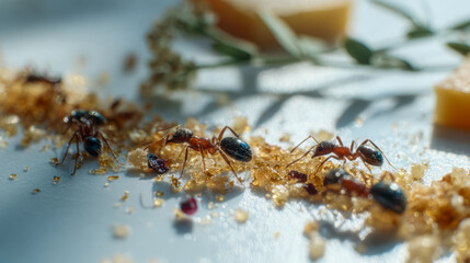 Worker ants collecting and carrying sugar granules scattered on a light surface during daylight in a natural feeding behavior close-up insect photography