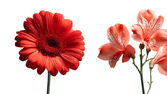 PNG of A vibrant red gerbera daisy and delicate orange alstroemeria flowers symbolize beauty and passion.
