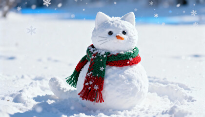 Snowman shaped like a cat wearing a red and green scarf in a snowy landscape with falling snowflakes