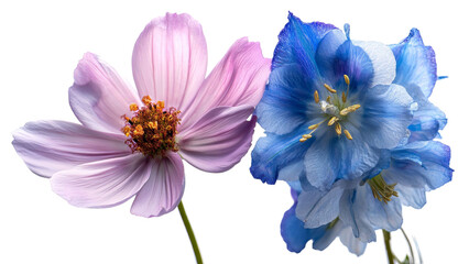 PNG of Delicate pink and gentle blue flowers showcase nature's beauty with vibrant petals and intricate details.