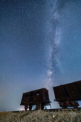 Milky Way Over the Historic Turkish Railway Line in Israel &ndash; World War I Ottoman Military Route to the Suez Canal, Now a Preserved Site with Vintage Rail Cars