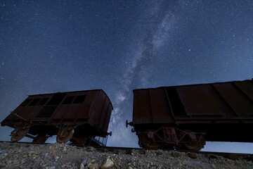 Milky Way Over the Historic Turkish Railway Line in Israel &ndash; World War I Ottoman Military Route to the Suez Canal, Now a Preserved Site with Vintage Rail Cars