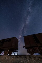 Milky Way Over the Historic Turkish Railway Line in Israel &ndash; World War I Ottoman Military Route to the Suez Canal, Now a Preserved Site with Vintage Rail Cars