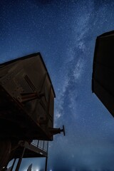 Milky Way Over the Historic Turkish Railway Line in Israel &ndash; World War I Ottoman Military Route to the Suez Canal, Now a Preserved Site with Vintage Rail Cars
