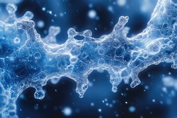 Abstract digital rendering of microscopic biological structures, possibly viruses or cells, glowing in vibrant blue against a dark background.