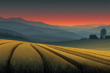 Obraz premium Majestic twilight landscape featuring golden fields gently rolling towards shadowed mountains under a gradient sky transitioning from deep orange to twilight blue