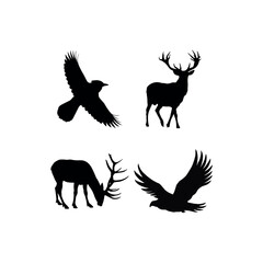 This image displays four black silhouettes against a white background. The top left shows a bird in flight. The top right features a majestic stag with large antlers.