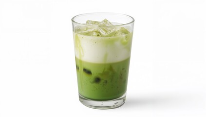 Glass of iced matcha latte with creamy foam on top, isolated on white background