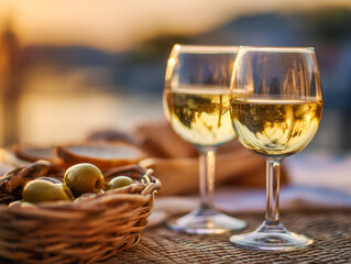 Two glasses of chilled white wine paired with a basket of green olives creating a cozy and inviting atmosphere during a golden hour outdoor dining experience