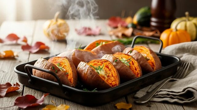 Thanksgiving treat featuring sweet potatoes on rustic wooden surface. Sweet potatoes are seasoned, filled with herbs, and arranged in roasting pan with steam rising.