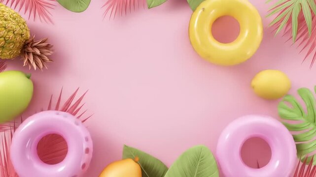 Tropical-themed composition with fruit, pool floats, leaves, and pink background