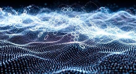 Abstract digital wave pattern with glowing particles and data visualization.