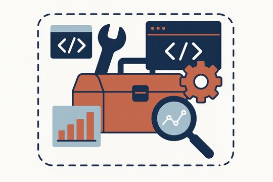 Visual toolkit for developers showcasing analytical tools and programming symbols integrated in a cohesive design emphasizing digital transformation and operational efficiency