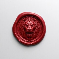 Red wax seal with embossed lion head design on white background