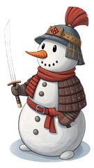Snowman in a samurai outfit with a sword and a transparent background