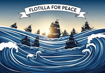 Fleet of sailing ships on wavy ocean under a banner reading Flotilla for Peace image