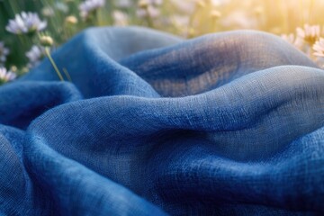 Close-up of soft blue textured fabric gracefully draped, illuminated by sunlight, with blurred white wildflowers in the serene background.