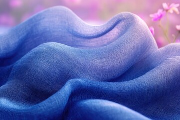Soft blue fabric drapes elegantly, revealing a delicate texture and gentle folds, illuminated by soft light with a dreamy pink floral background.