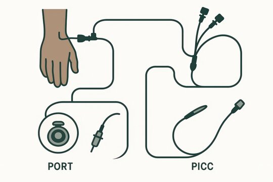 Detailed diagram illustrating the connection of medical ports and PICC lines on a human hand, depicting healthcare technology principles and intravenous therapy concepts in clear visual