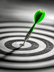 Sharp green dart perfectly hitting the bullseye on a black and white target symbolizing accuracy and precision in focused goal achievement