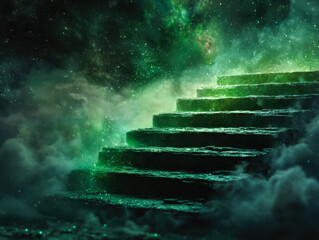 Ethereal staircase ascending into a cosmic green universe