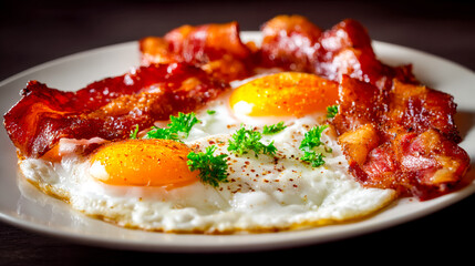 Classic breakfast plate featuring sunny-side-up eggs and crispy bacon garnished with fresh herbs