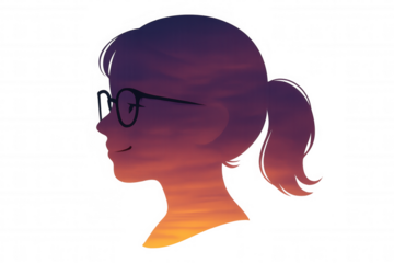 Woman profile silhouette with sunset sky double exposure representing dreams and imagination, transparent background